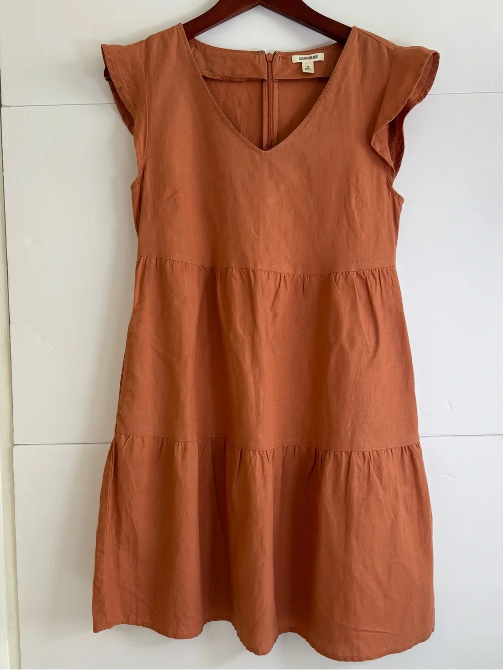 Goodthreads Rust Linen Blend Tiered Flutter Sleeve Mini Dress Pockets XS - Picture 3 of 9
